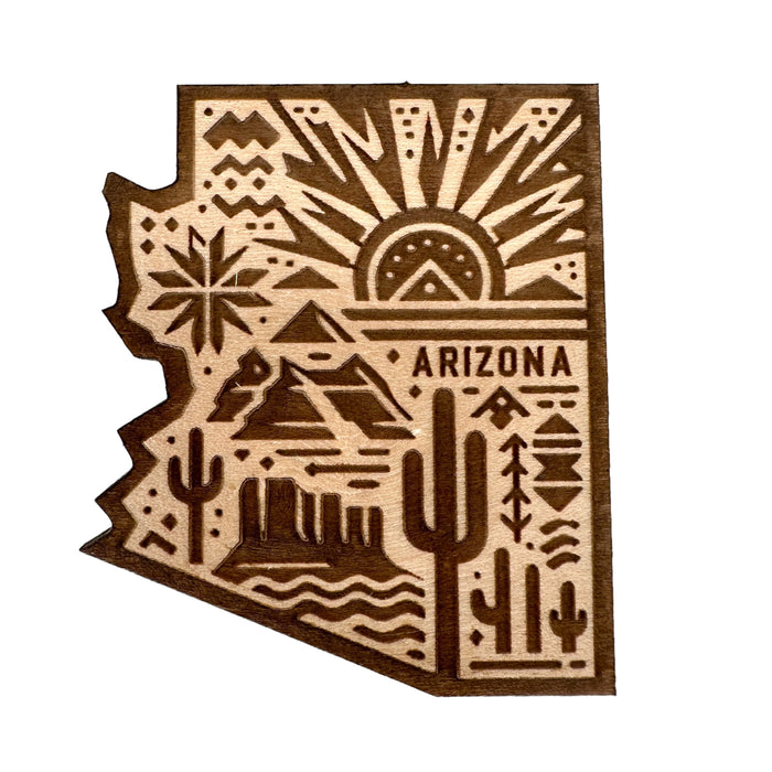 Arizona Rising maple wood souvenir magnet with sunrise design, laser-cut and made in USA