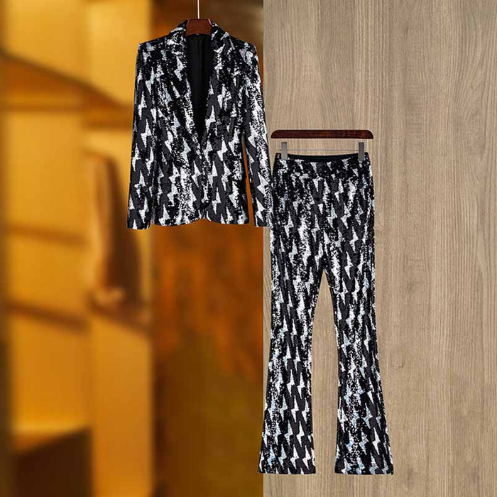 Black and White Sequinted Suit Party Pantsuit Stage Performance Two Pieces Suit
