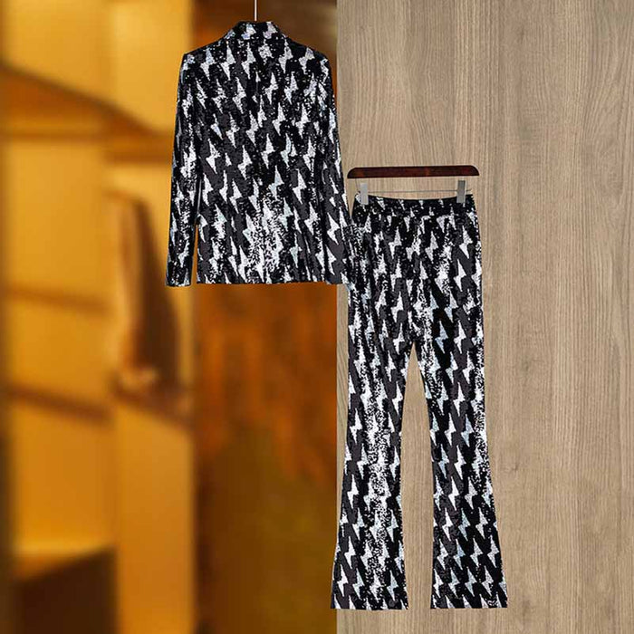 Black and White Sequinted Suit Party Pantsuit Stage Performance Two Pieces Suit