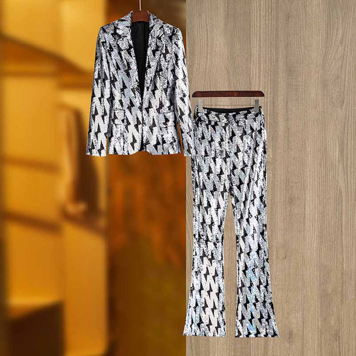 Black and White Sequinted Suit Party Pantsuit Stage Performance Two Pieces Suit