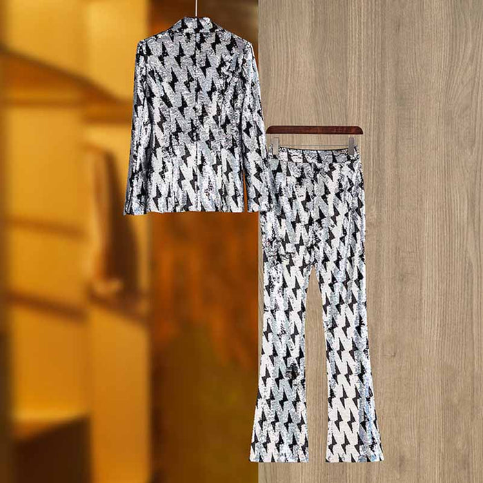 Black and White Sequinted Suit Party Pantsuit Stage Performance Two Pieces Suit