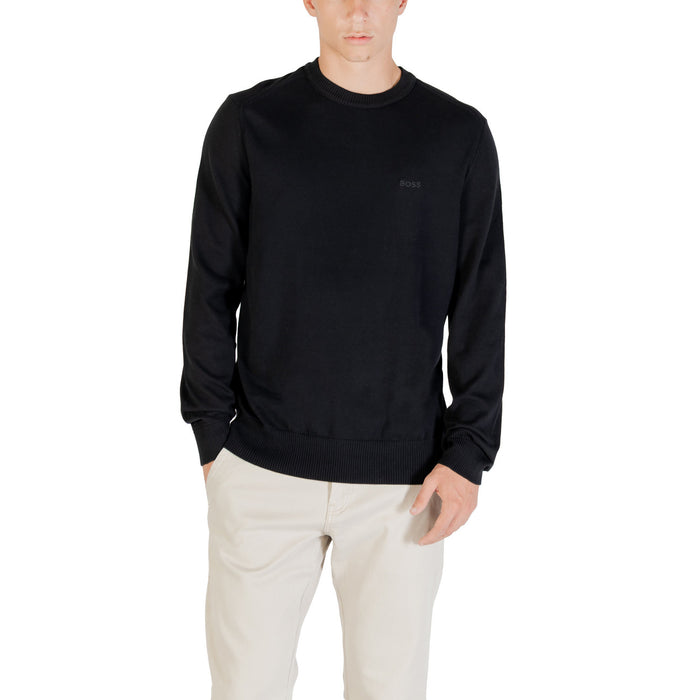 Pull Boss homme noir coton encolure ronde logo Boss ton sur ton vue face