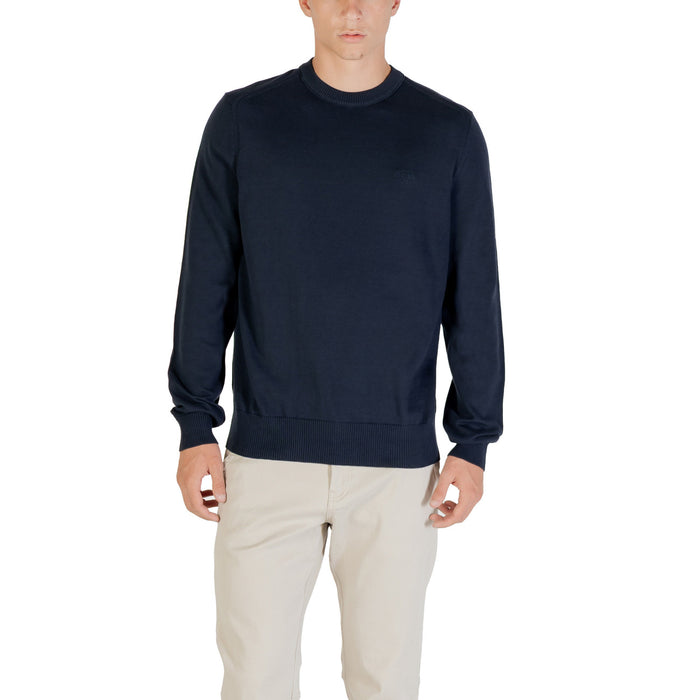 Pull Boss homme encolure ronde bleu marine coton logo brodé ton sur ton vue face