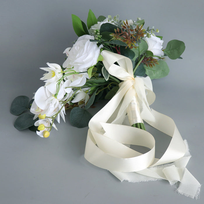 Bulk 11" White Rose and Orchid Cascading Bridal Bouquet Wedding Bouquet Wholesale