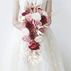 Bulk 9" Cascading Rose Bridal Bouquet Pink and Red Wedding Bouquet Wholesale