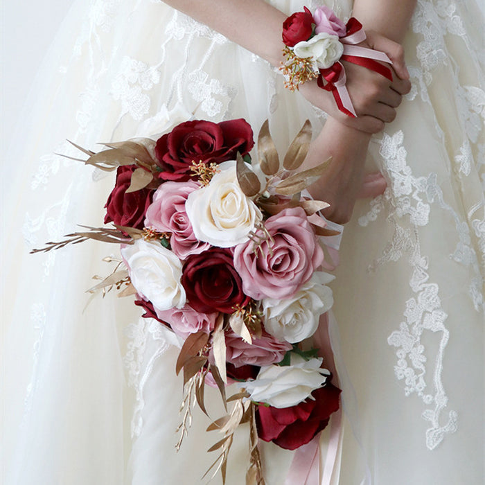 Bulk 9" Cascading Rose Bridal Bouquet Pink and Red Wedding Bouquet Wholesale