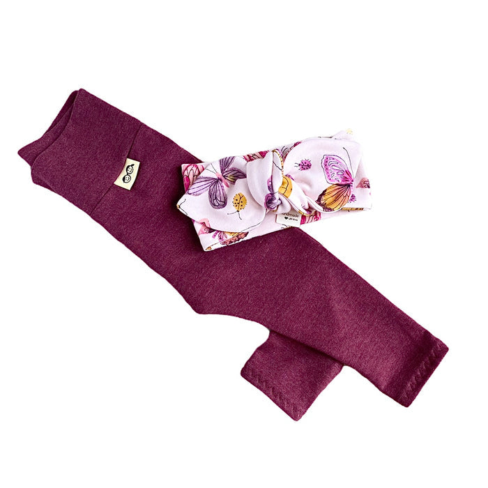 Burgundy Leggings with Pink Butterflies Headband