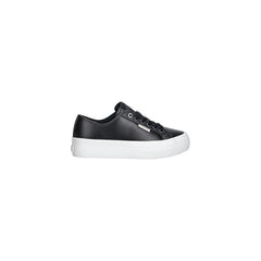 Image 1 : Baskets basses Calvin Klein Jeans femme en cuir lisse noir avec semelle plateforme blanche épaisse, vue de profil gauche — Delvale
