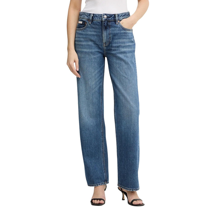 Image 1 : Jean straight Calvin Klein Jeans femme bleu azur taille haute, vue de face — Delvale