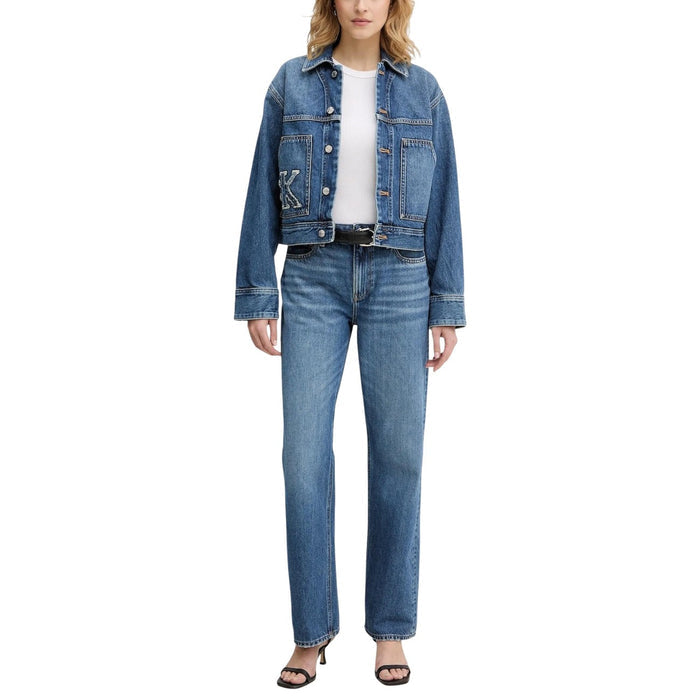 Image 2 : Jean straight Calvin Klein Jeans femme bleu azur taille haute, détail de la coupe — Delvale