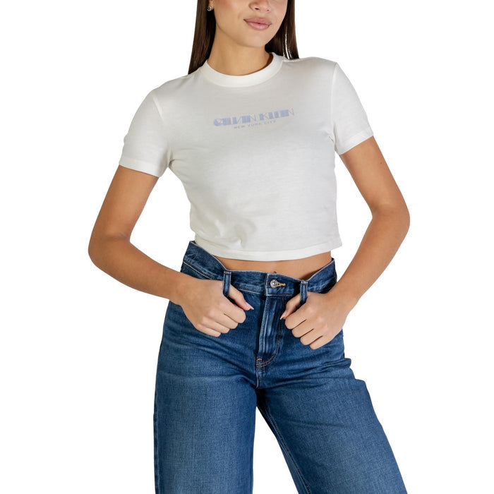 Image 1 : T-shirt Calvin Klein Jeans blanc femme col rond manches courtes vue de face — delvale