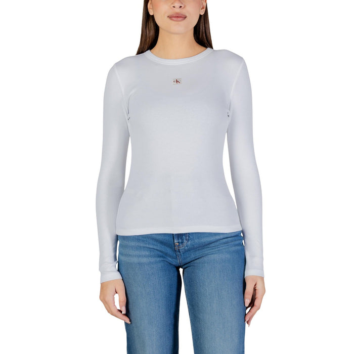 Image 2 : Vue de face du t-shirt manches longues Calvin Klein Jeans blanc côtelé avec badge logo CK discret centré — Delvale