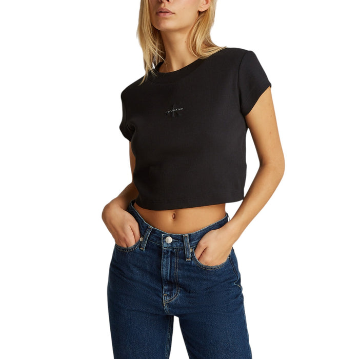 Image 3 : T-shirt Calvin Klein Jeans noir manches courtes, vue d'ensemble coupe féminine — delvale