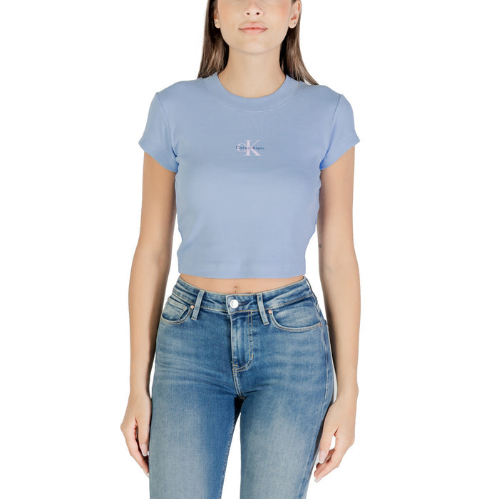 Image 1 : Top Calvin Klein Jeans femme bleu azur col rond manches courtes en coton stretch — delvale