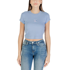 Image 1 : Top Calvin Klein Jeans femme bleu azur col rond manches courtes en coton stretch — delvale