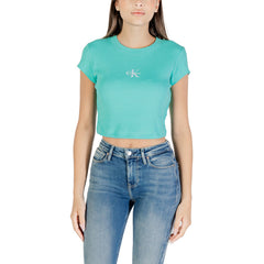 Image 1 : Top Calvin Klein Jeans turquoise femme col rond manches courtes en coton stretch — delvale