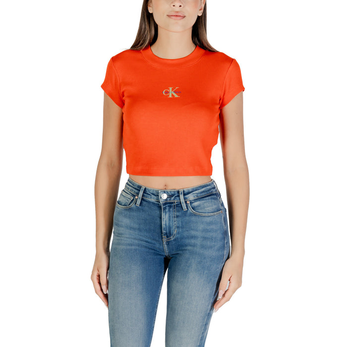 Image 1 : Top rouge Calvin Klein Jeans femme manches courtes col rond vue de face — delvale