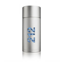 Flacon Carolina Herrera 212 Men Eau de Toilette Homme cylindrique argenté mat inscription gravée bas, vue de face