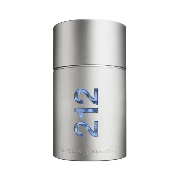 Flacon Carolina Herrera 212 Men Eau de Toilette Homme cylindre métal brossé argenté chiffres 212 bleu relief, vue de face rapprochée