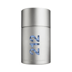 Flacon Carolina Herrera 212 Men Eau de Toilette Homme cylindre métal brossé argenté chiffres 212 bleu relief, vue de face rapprochée