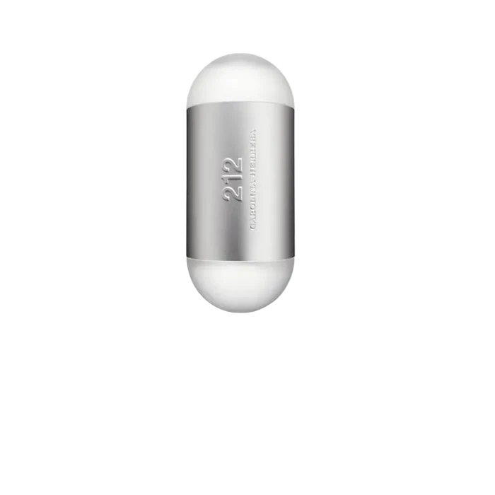 Flacon Carolina Herrera 212 Men Eau de Toilette Homme capsule ovale blanc et métal brossé argenté inscription en relief, vue de face