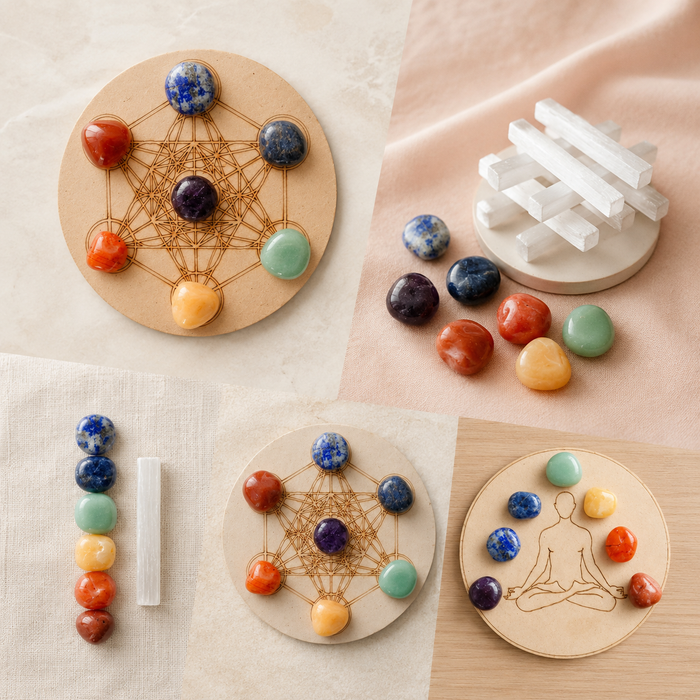 Chakra Tumbled Crystals Set, 7 Chakra Stones Set,  Wooden Grid Plate, Selenite Log