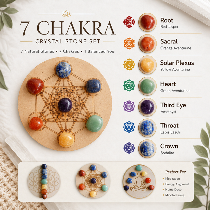 Chakra Tumbled Crystals Set, 7 Chakra Stones Set,  Wooden Grid Plate, Selenite Log