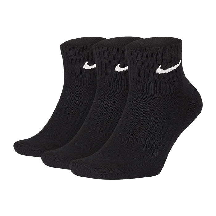 Image 1 : Lot de 3 paires de chaussettes Nike Ankle Cushion noires avec logo Swoosh blanc brodé, vue avant — Delvale