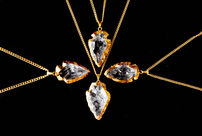Clear Quartz Arrowhead Pendant, Electroplated Gold Crystals Pendants with Chain