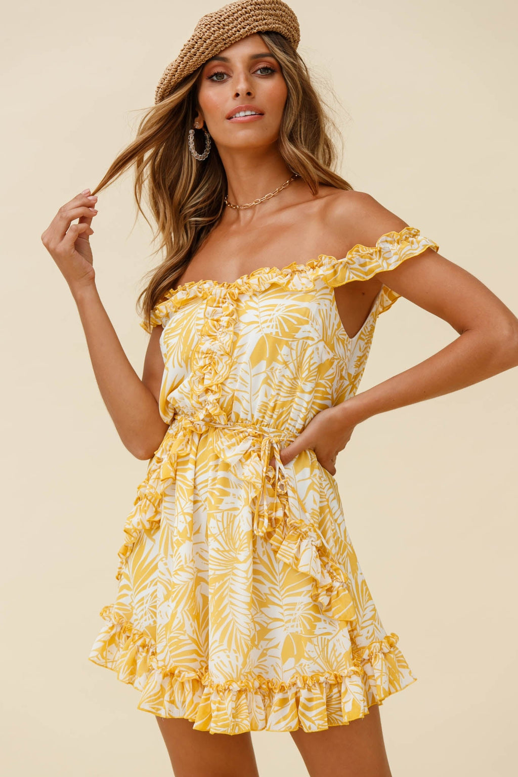Sail Away Off-Shoulder Frill Accent Dress Tropical Print Yellow