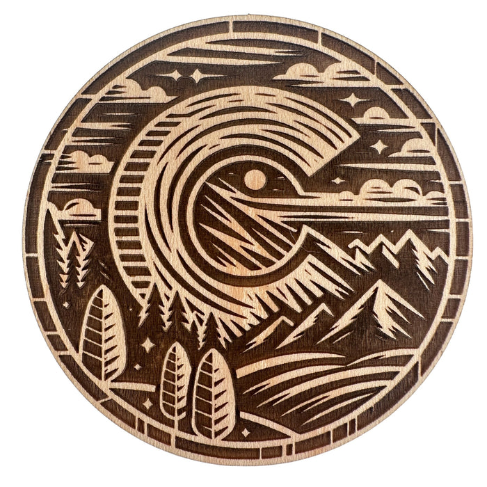 Colorado C flag emblem maple wood souvenir magnet, laser-cut and made in USA
