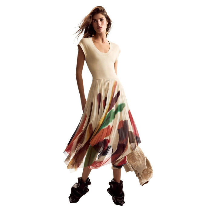 Image 1 : Robe Desigual beige à motif imprimé avec manches courtes pour femme — Delvale