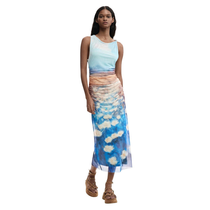 Image 1 : Robe Desigual femme bleu azur sans manches avec motifs colorés, col rond — Delvale