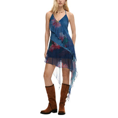 Image 1 : Robe Desigual femme bleue sans manches avec col V profond et motif imprimé — delvale