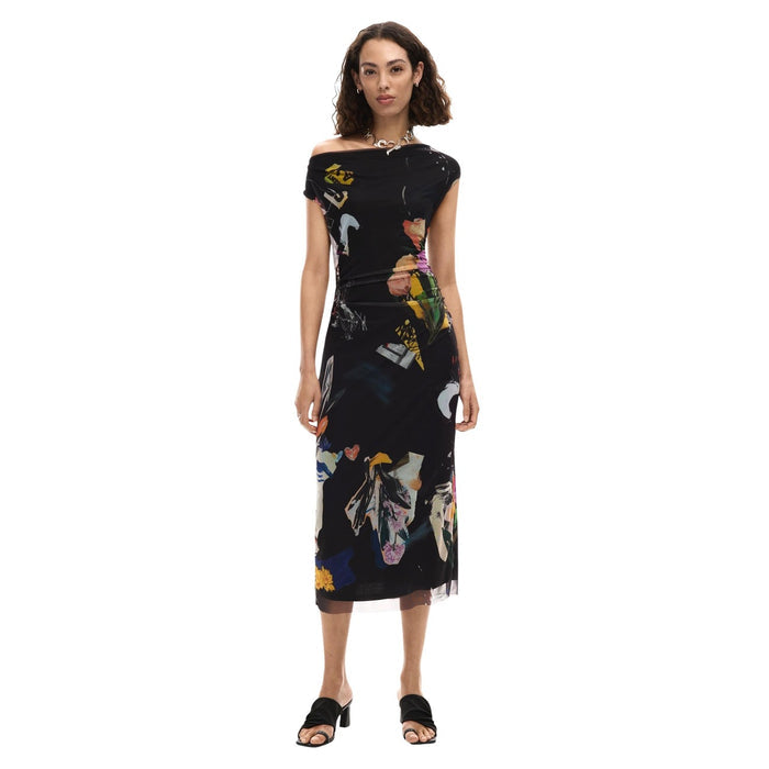 Image 1 : Robe Desigual femme noire aux motifs colorés, vue de face — delvale