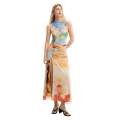 Image 1 : Robe Desigual orange sans manches à motifs floraux, col rond, coupe féminine — Delvale