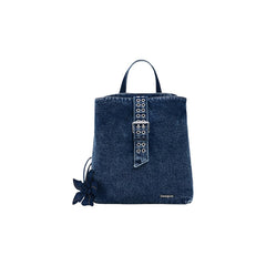 Image 1 : Sac à dos Desigual en denim bleu avec boucle métal argentée, œillets double rangée et breloque fleur — Delvale