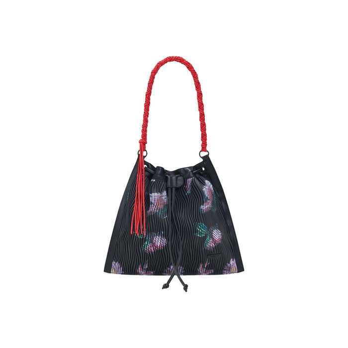 Image 1 : Sac bourse Desigual femme noir avec imprimé floral irisé multicolore, anse tressée rouge et pompon rouge, vue de face — Delvale