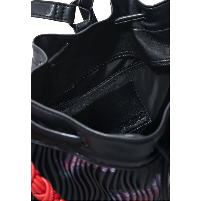 Image 5 : Vue arrière ou de profil du sac bourse Desigual femme noir imprimé floral avec anse tressée rouge — Delvale