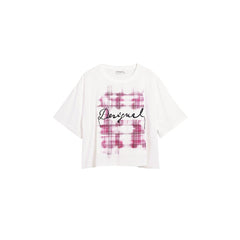 Image 1 : T-shirt Desigual femme blanc avec impression artistique colorée, manches courtes et col rond — Delvale