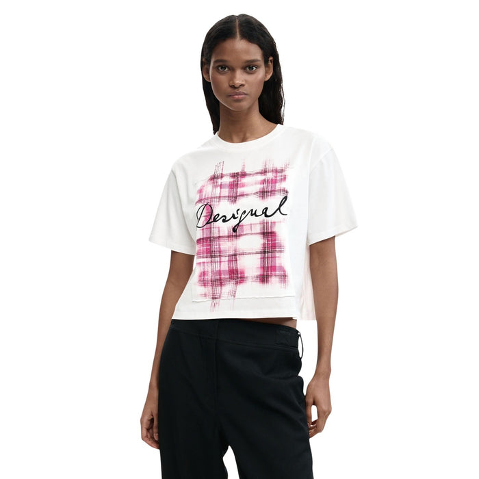 Image 2 : Détail de l'impression créative sur t-shirt blanc Desigual femme, style décontracté — Delvale