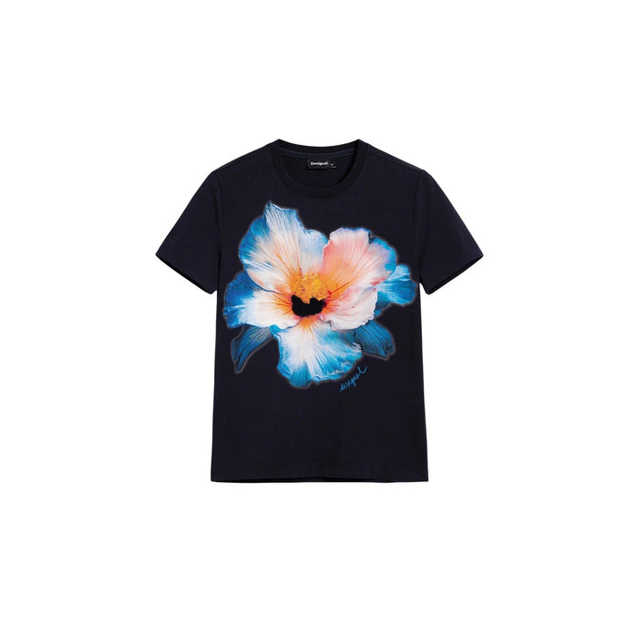 Image 1 : T-shirt femme Desigual bleu à motif floral avec col rond et manches courtes — Delvale