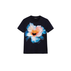 Image 1 : T-shirt femme Desigual bleu à motif floral avec col rond et manches courtes — Delvale