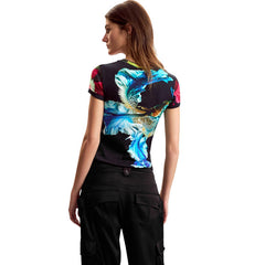 Image 3 : T-shirt Desigual femme bleu à imprimé floral, coupe moderne et manches courtes — delvale