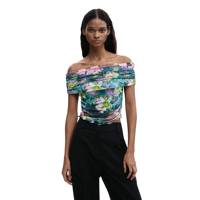 Image 1 : Top Desigual femme bleu azur à motif floral avec encolure bateau et manches courtes — Delvale