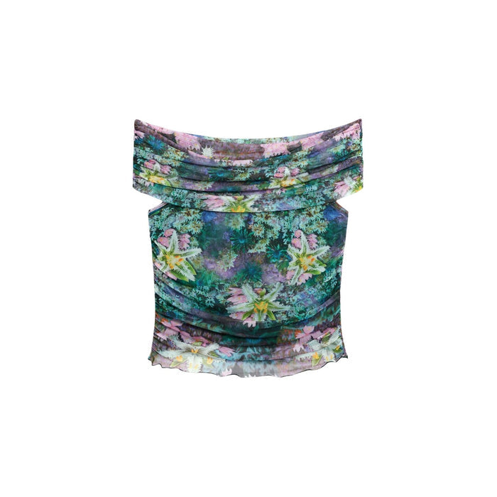 Image 2 : Détail du motif floral élégant du top Desigual femme bleu azur — Delvale