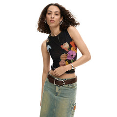 Image 1 : Top Desigual femme noir à motifs floraux sans manches col rond — delvale
