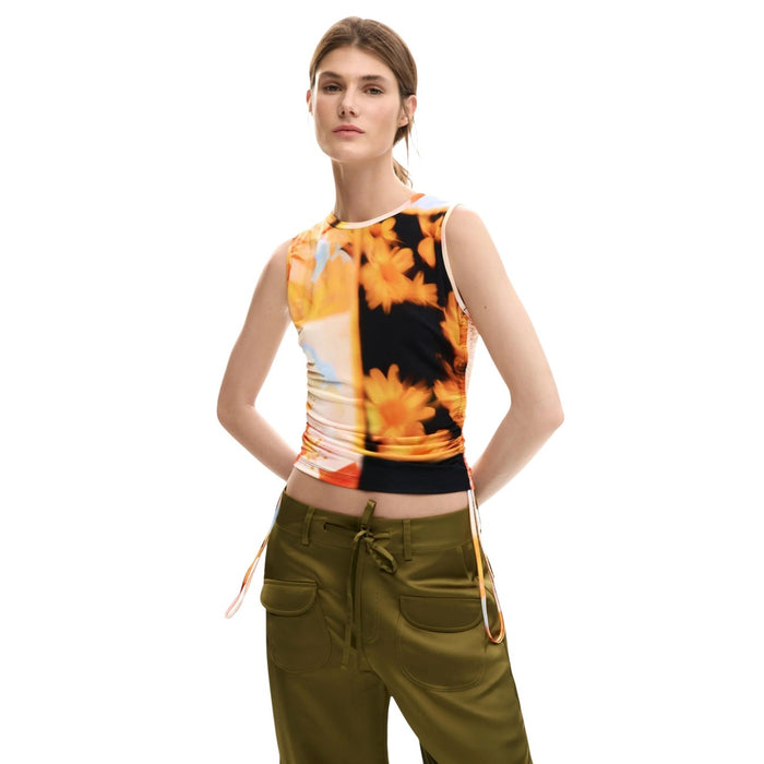 Image 1 : Top Desigual femme orange à motif floral sans manches avec col rond — Delvale