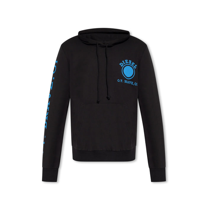 Sweat capuche Diesel homme noir, imprimé graphique O.T. Brave bleu, inscription verticale manche gauche, fond blanc — Delvale