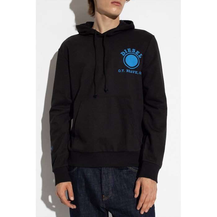 Sweat capuche Diesel homme noir, imprimé circulaire O.T. Brave bleu électrique poitrine droite, inscription manche gauche, vue de face — Delvale